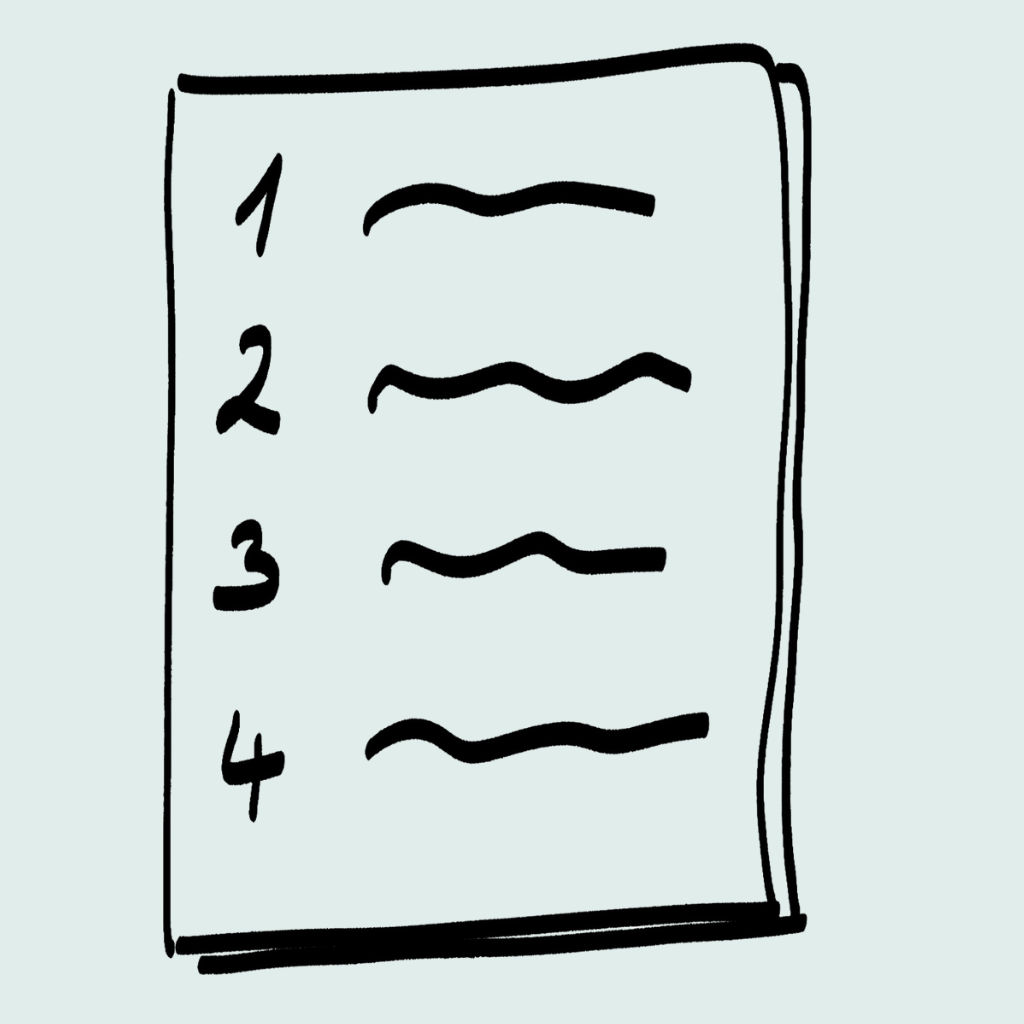 Sketchnote. Gezeichnete Liste mit vier nummerierten Punkten, wie bei einem Plan.