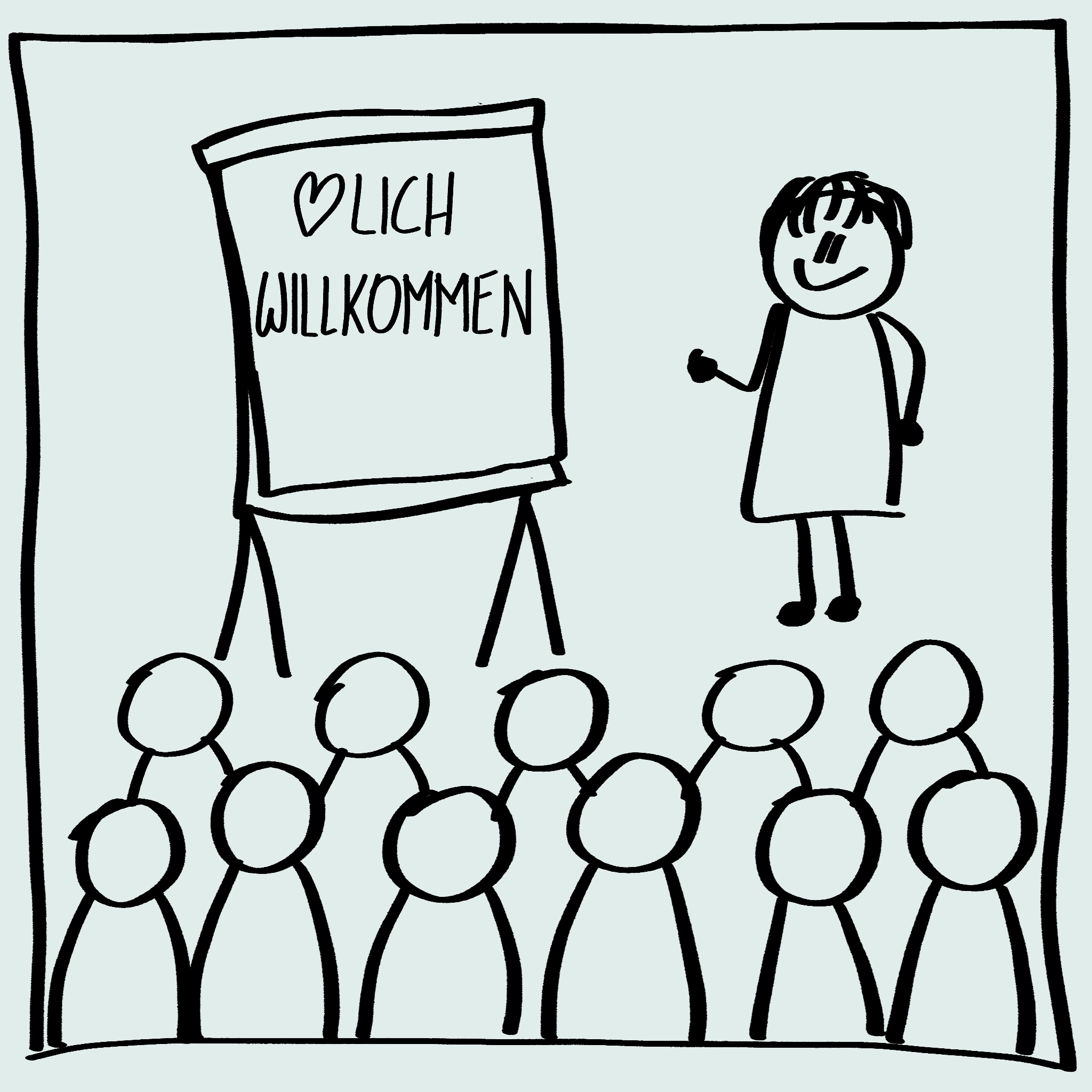 Ein selbstgezeichnetes Bild auf dem eine Dozentin neben einem Flipchart steht. Davor skizzierte Menschen, die zuhören. Auf dem Flipchart steht herzlich Willkommen.